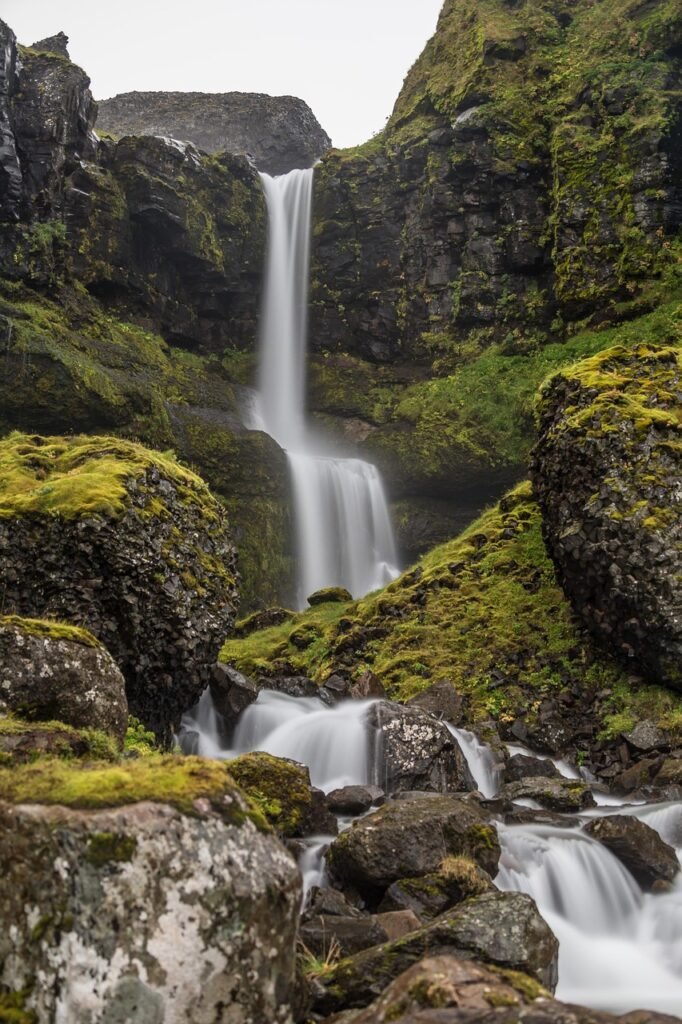 waters, nature, waterfall, flow, heaven, vacations, move, wet, landscape, tourism, summer, iceland, volcanic, volcanoes, geyser, reykjavik, long exposure, romantic, island green, volcanic activity, stone, rock formations, bushes, moss, bach, stones, long term